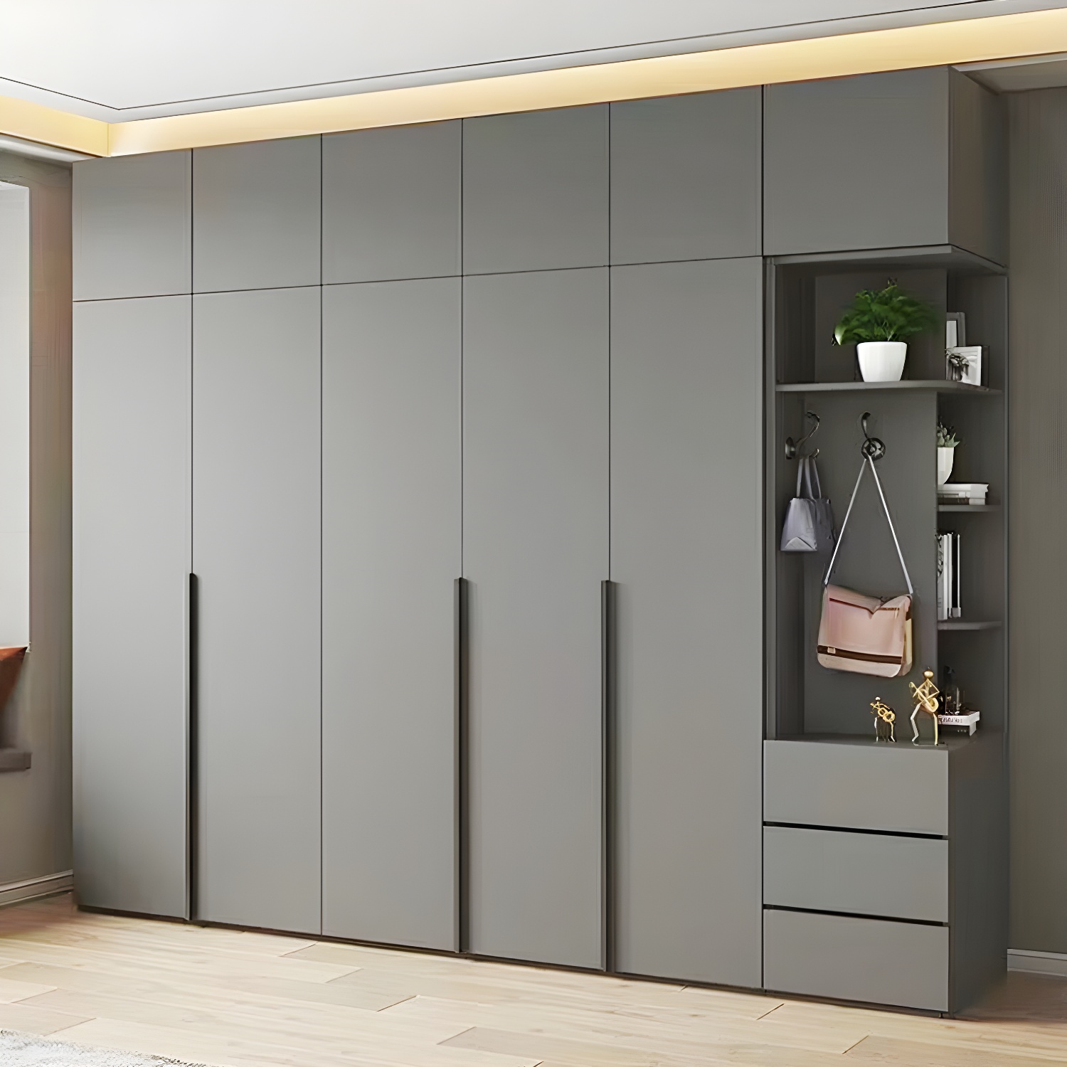 Modern Grey Wood Wardrobe Armoire with Drawers & Shelves for Ample Storage