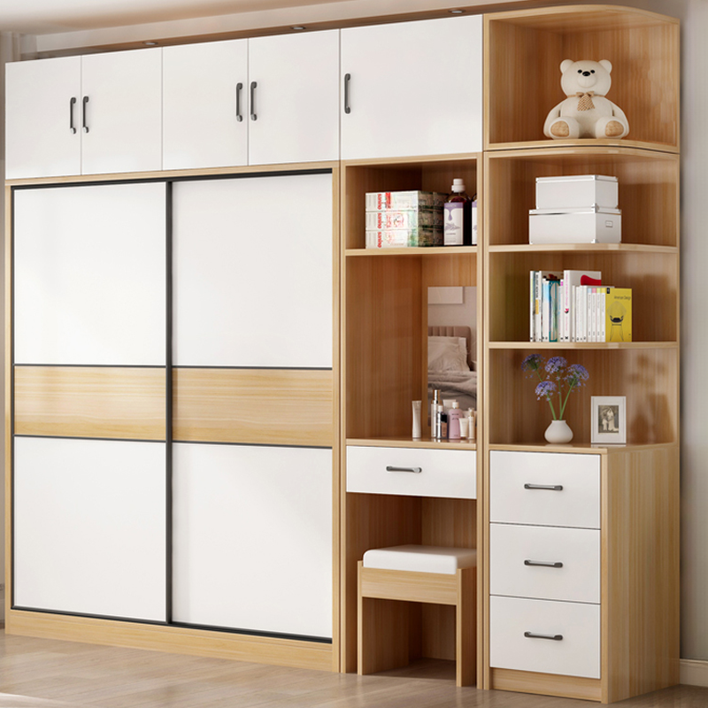 Natural Finish Modish Laminate Wardrobe Closet with 3-Drawer/4-Drawer, Interior Shelves, and Clothing Rod