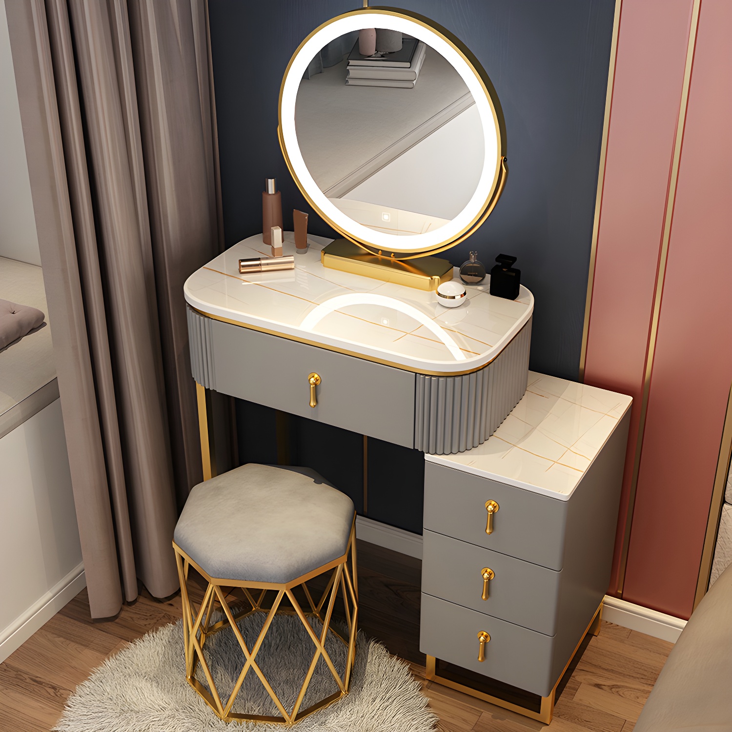 Lighted Mirror Makeup Vanity Desk with 4 Drawers Glam Makeup Vanity Set - image 5
