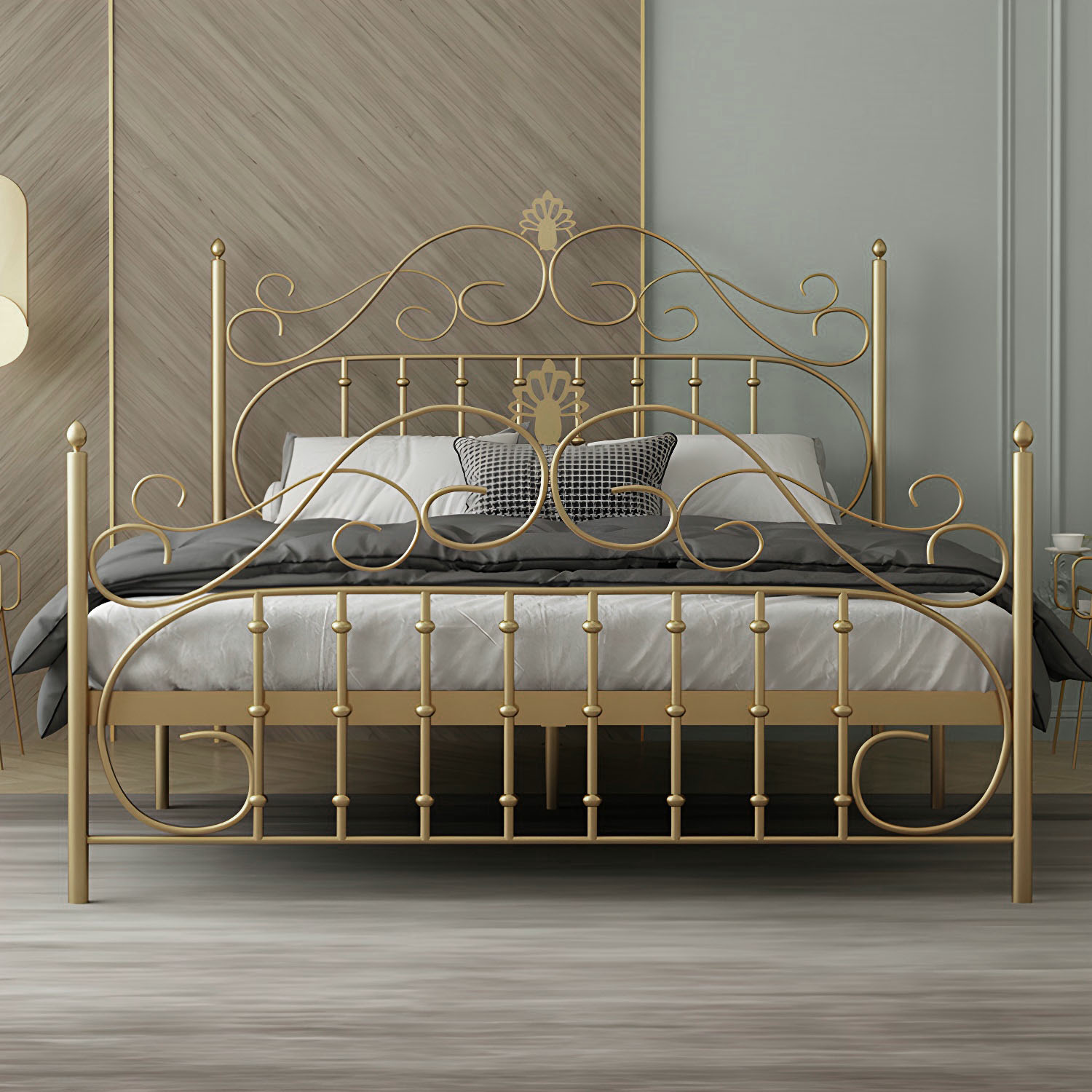 Glam Metal Bed Frame with Camelback Open-Frame Headboard and Footboard