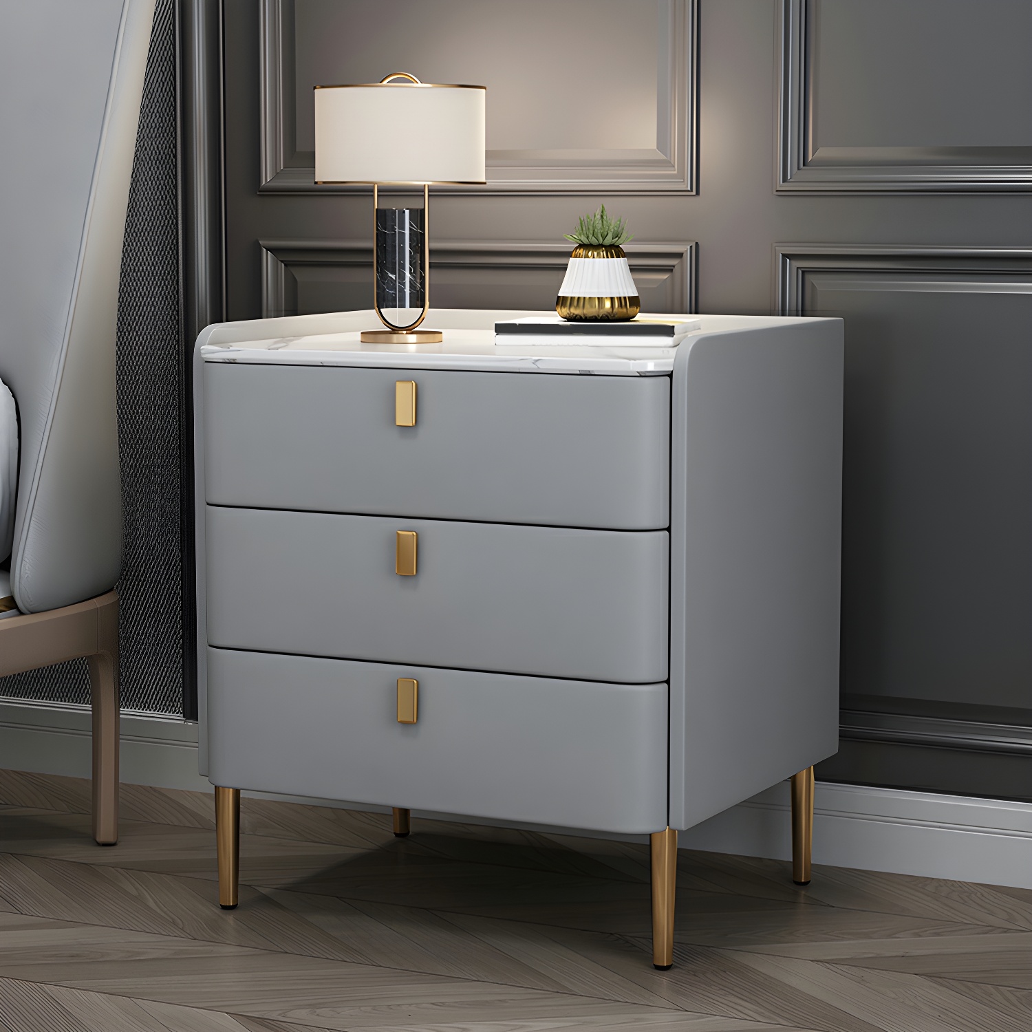 Glam Style Sintered Stone Top Drawer Storage Nightstand for Bedroom - image 14