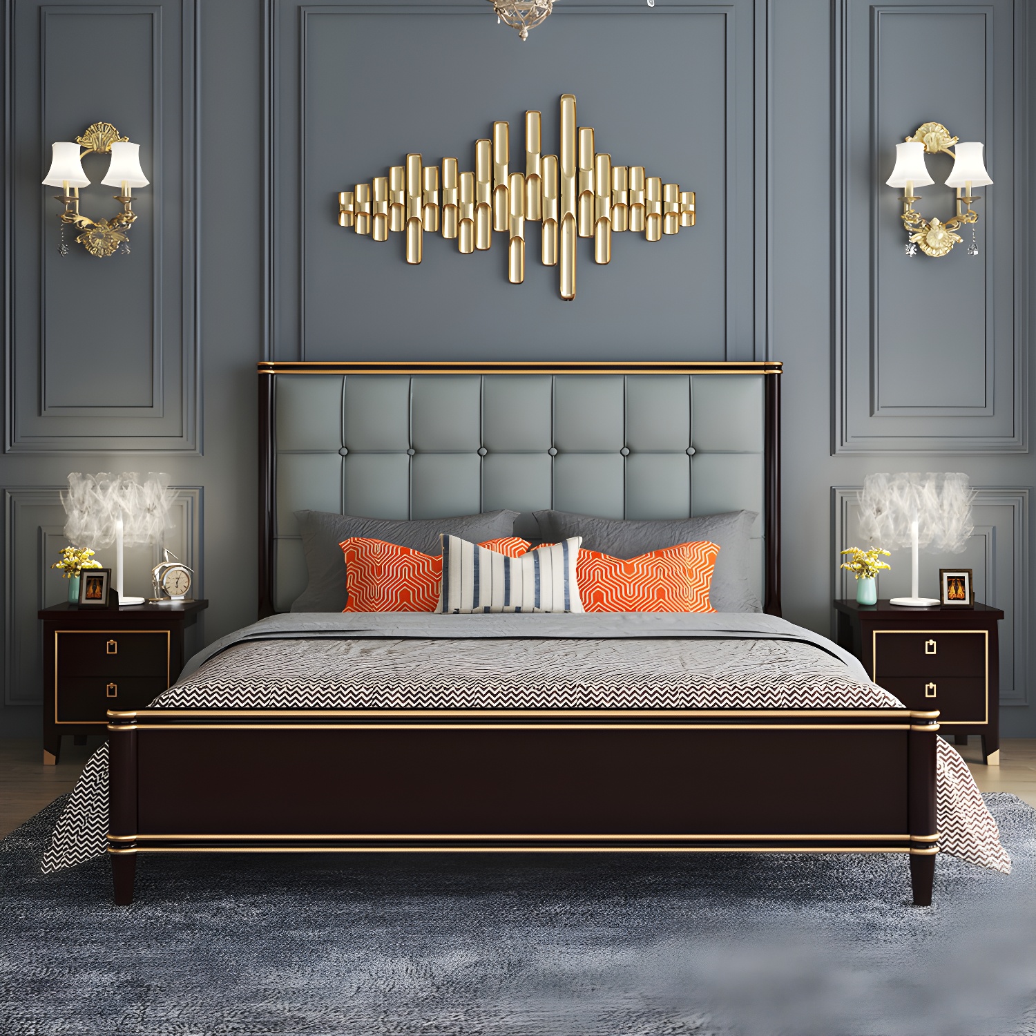 Modern Standard Bed with Tufted Upholstered Headboard and Soild Wood Legs