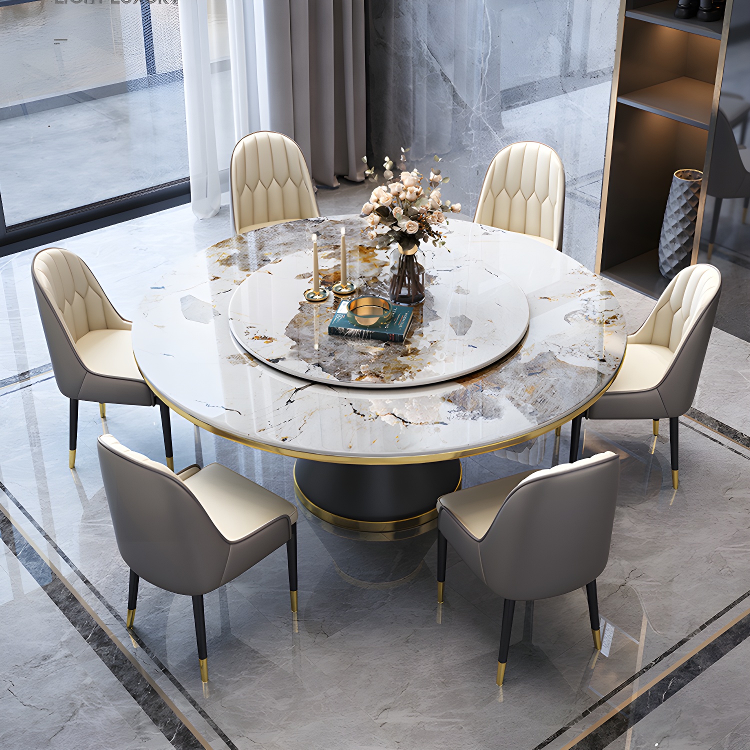 Glam Round Stone Dining Set in White - Fixed Table with Black Metal Pedestal Base