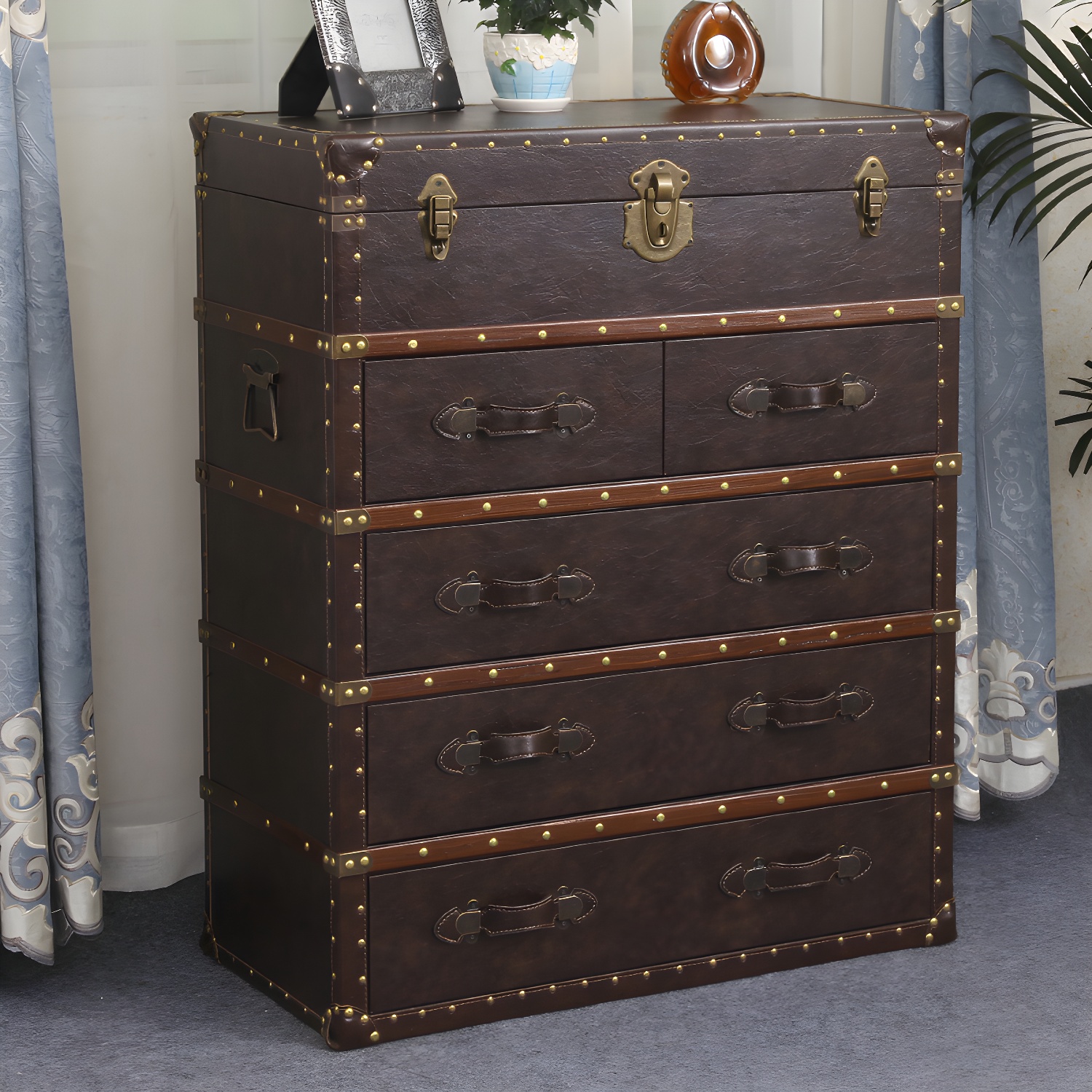 Rustic Leather Chest Vertical Chest with Drawers for Bedroom - image 21