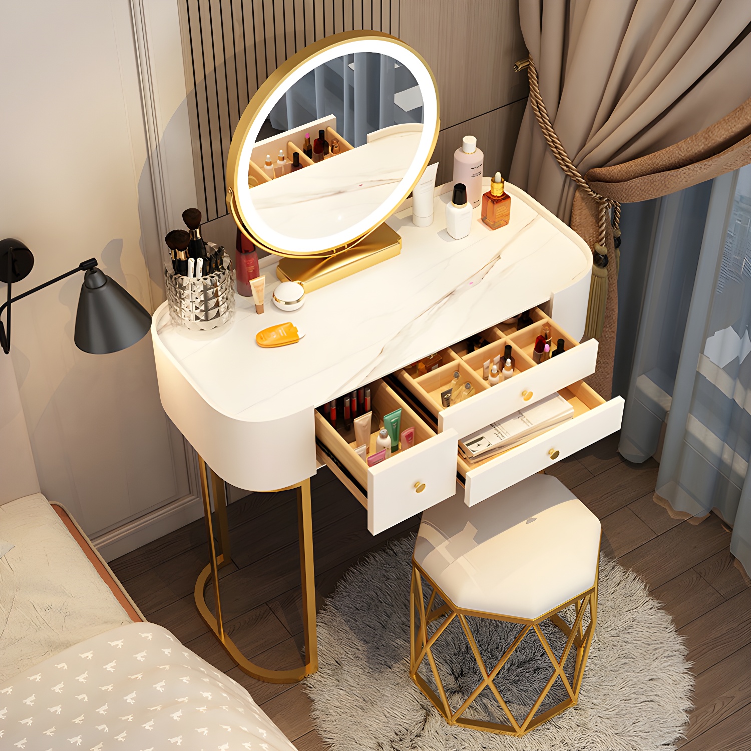 Glam Glass Vanity Dressing Table Bedroom Make-up Vanity with Drawer - image 8