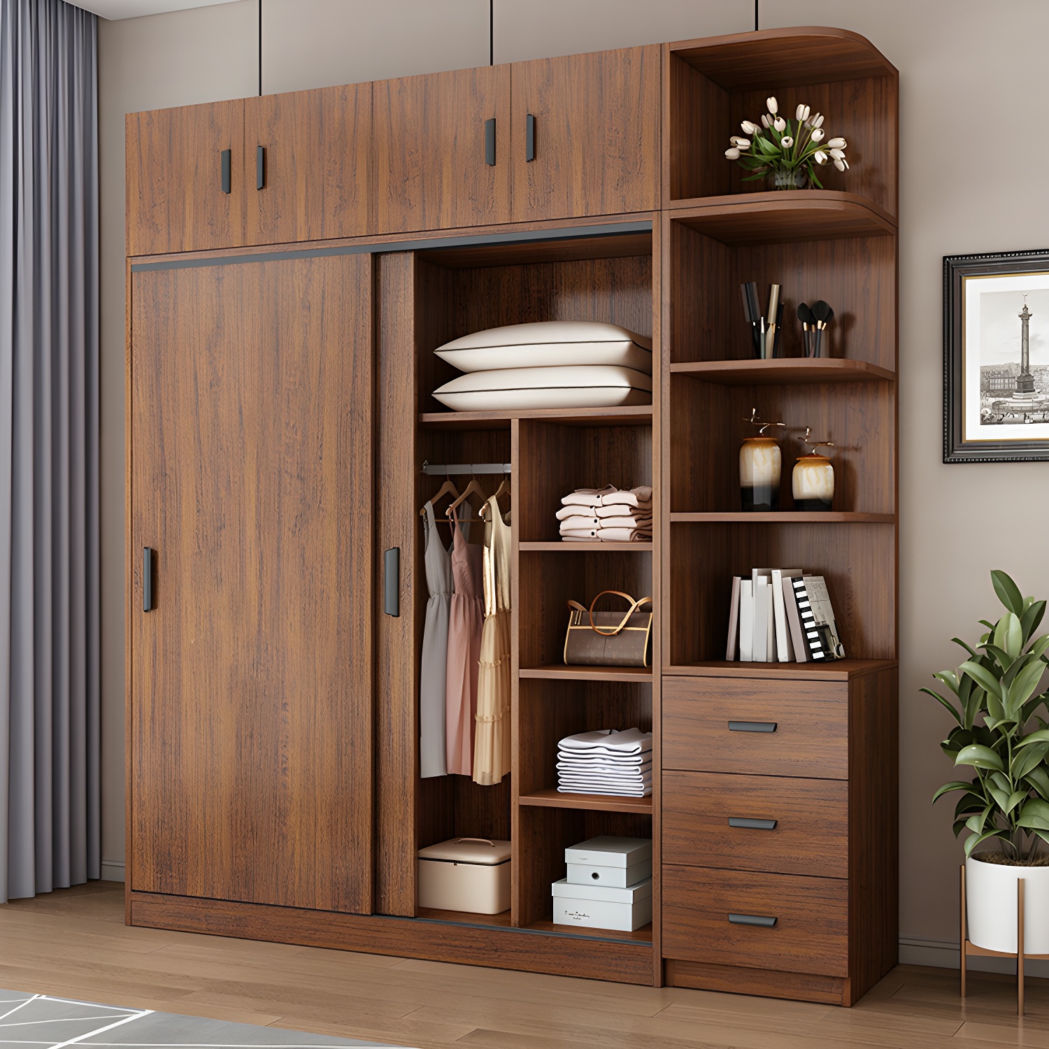 Contemporary Brown Wood Wardrobe Armoire with Clothing Rod & Shelves - image 10