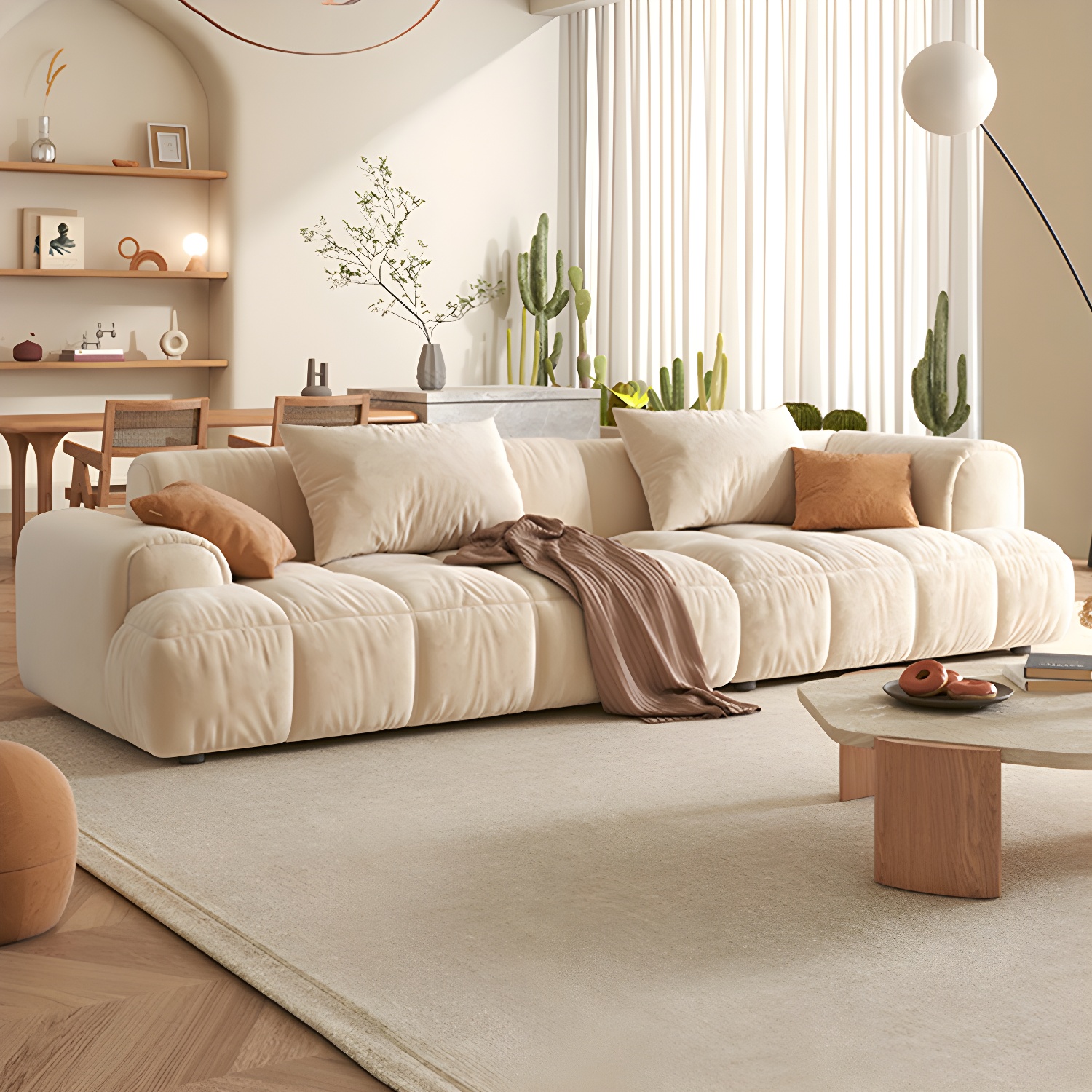 Velvet Round Arm Sectionals 24.8"High Tight Back Sofa with 4 Pillows