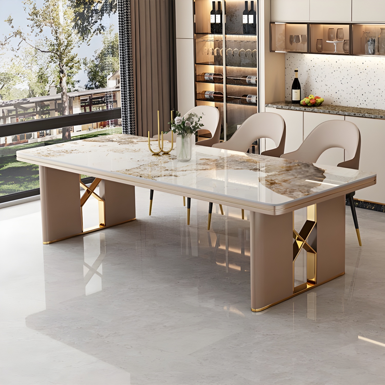 Glamoro 80cm Rectangular Metal Dining Set in Off-White with Gold Base - image 3