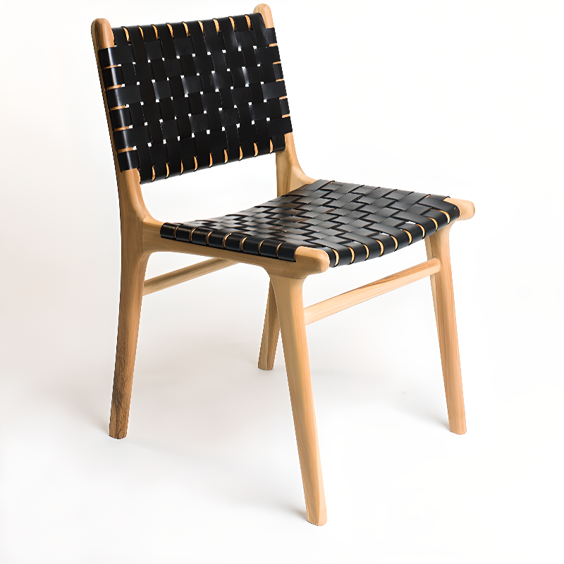 Modish Stable Genuine Leather/Rope/Faux Leather Woven Side Chair with Wood Framed Open Back and Natural Finish/Brown Base