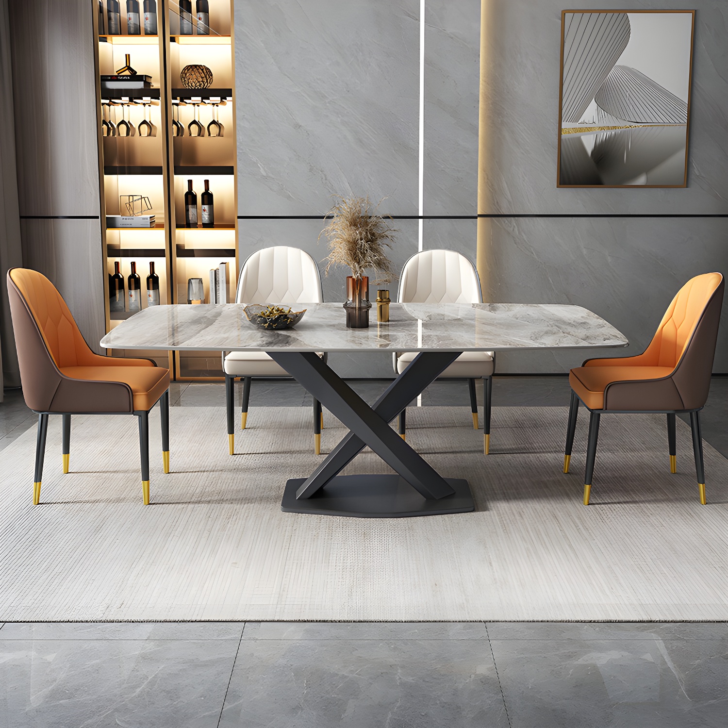 Modern 5/7-Piece Dining Set with Upholstered Chairs in Beige and Slate Table Top