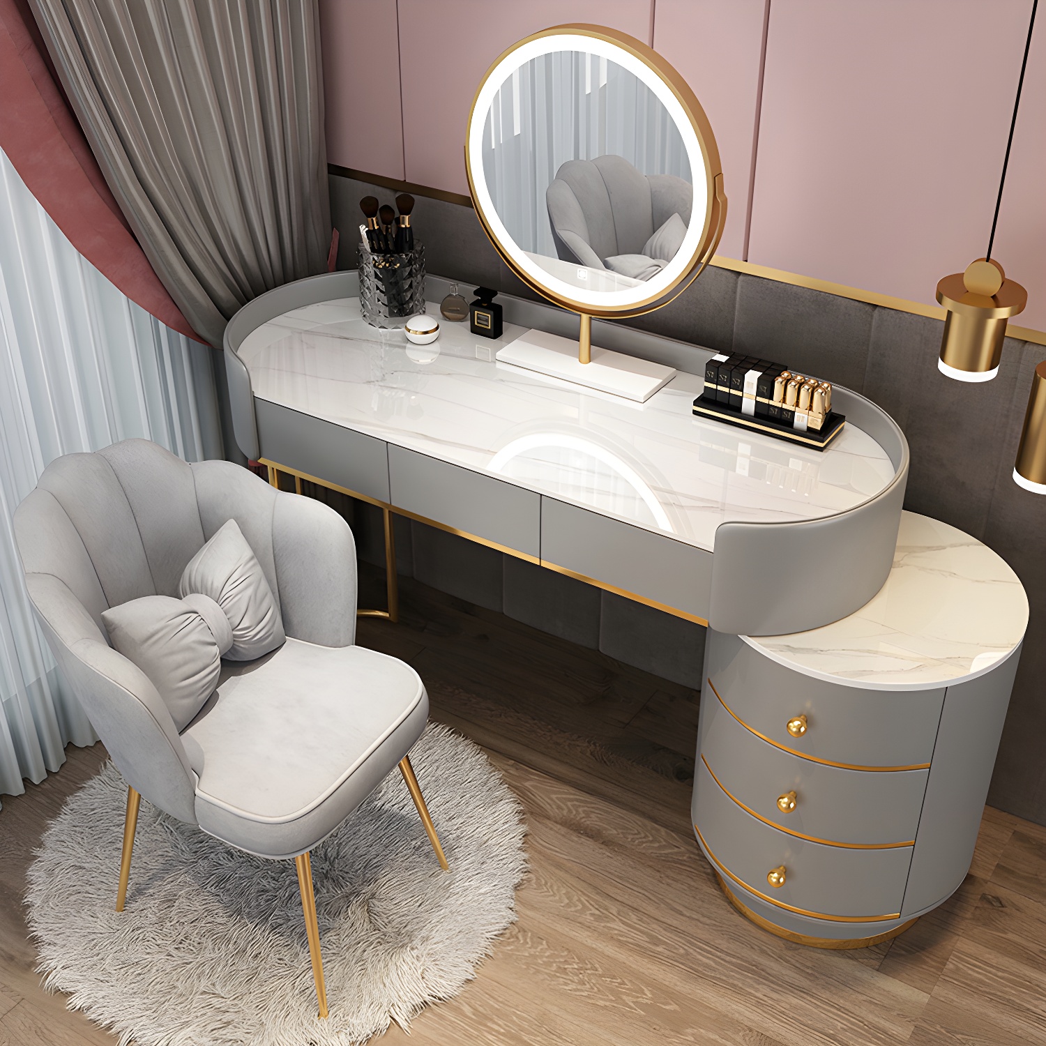 Contemporary Bedroom Metallic Lighted Mirror With Drawer Makeup Vanity Set - image 7