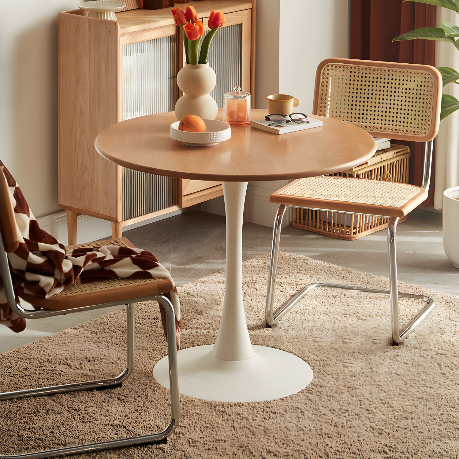 Chic Round Wood Dining Table with Medium Wood Tone and Sleek Steel Tulip Base - image 4