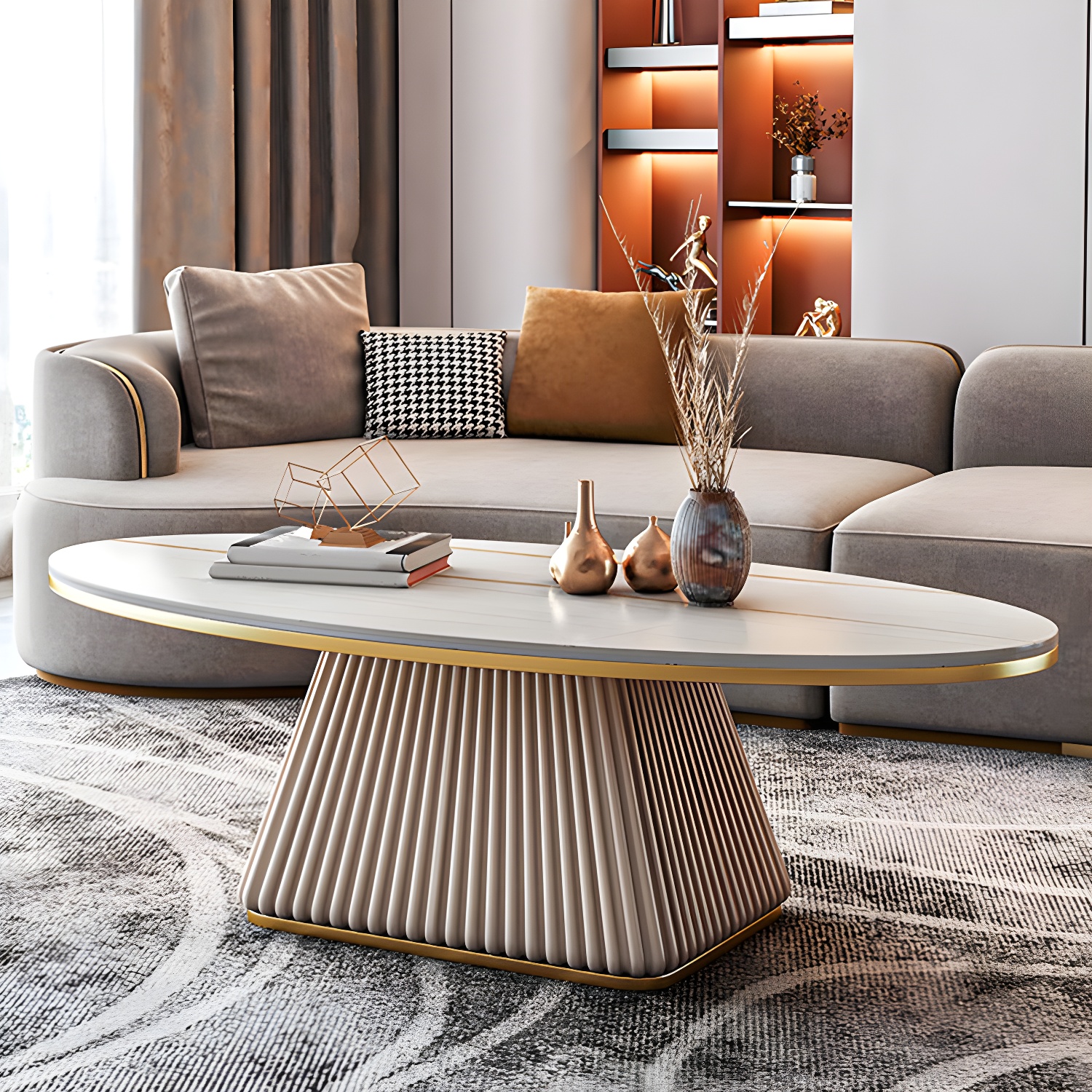Glam Metal and Slate Cocktail Table Pedestal Coffee Table for Living Room - image 15