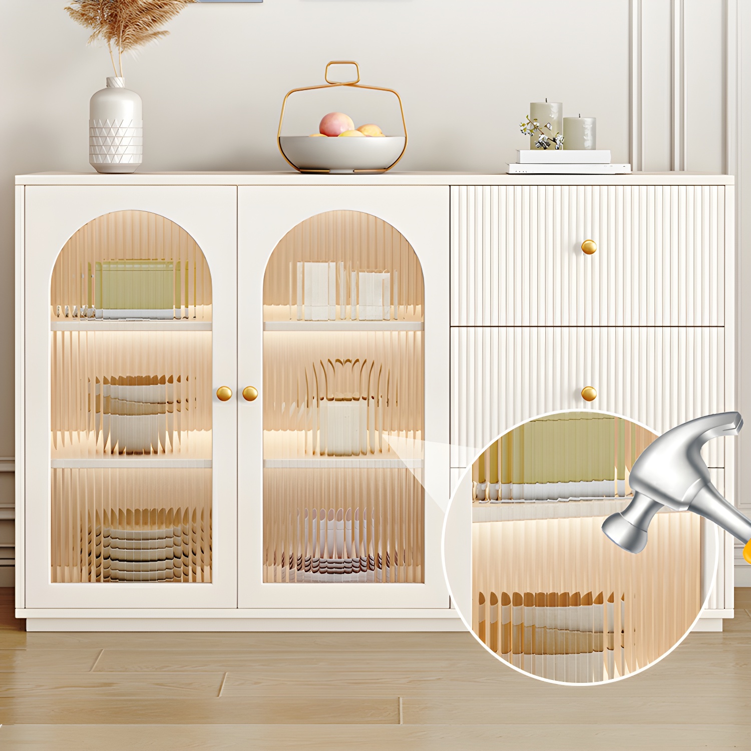 Glam White Wood Sideboard Credenza with Glass Doors and Adjustable Shelves
