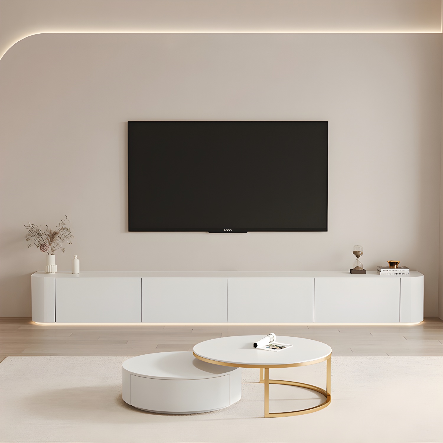 Modern Wood TV Stand Console White TV Media Stand with Drawers for Living Room