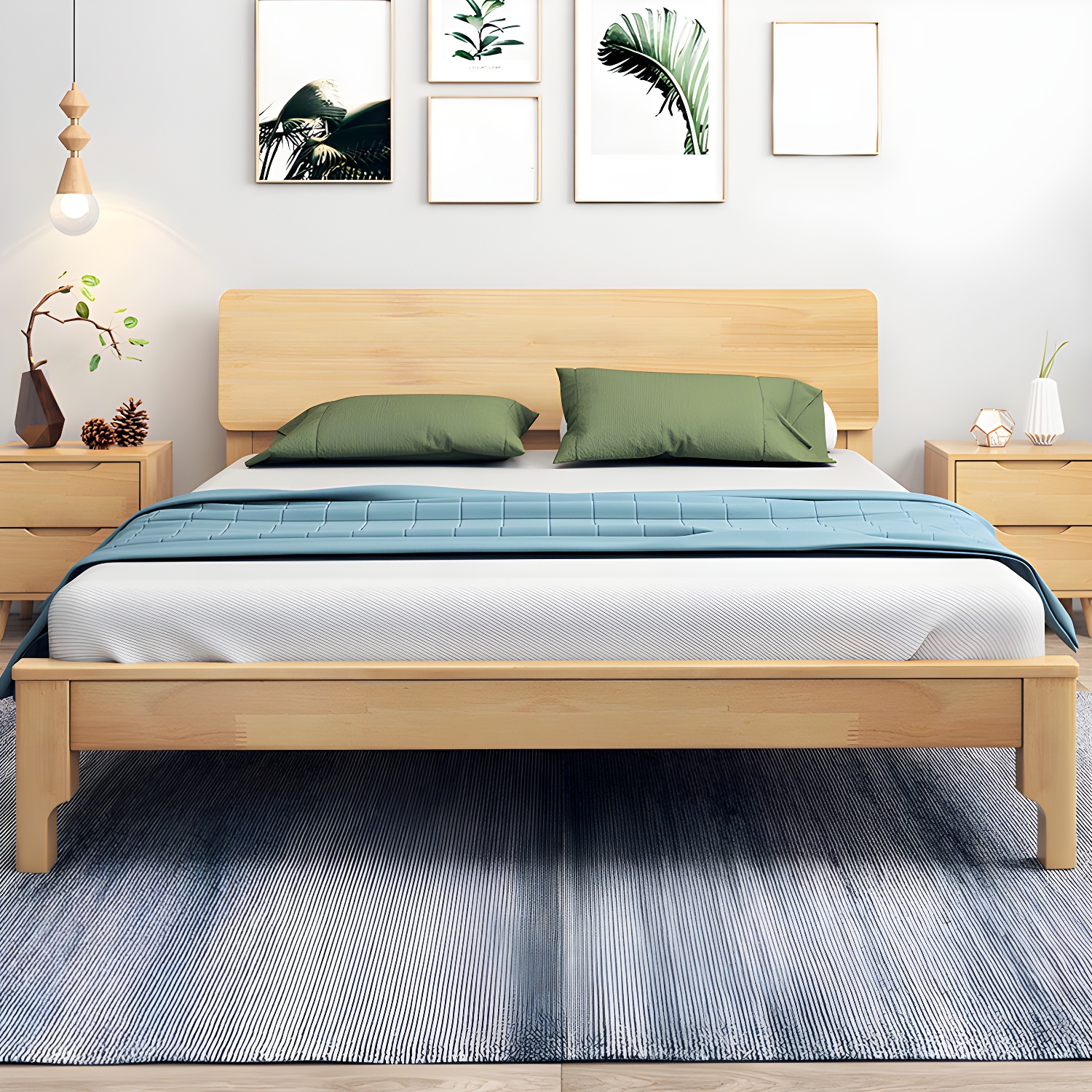 Scandinavian Solid Wood Bed with Rectangle Headboard and 4 Legs