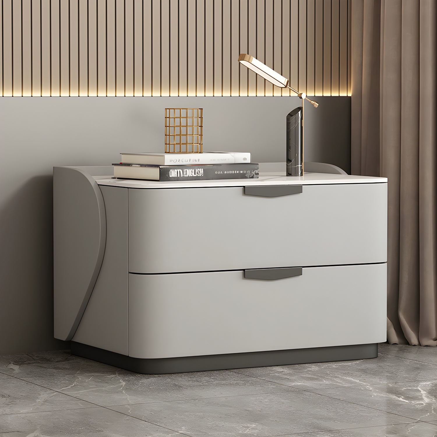 Modern Faux Leather Nightstand with Two Drawers in Light Wood - image 5