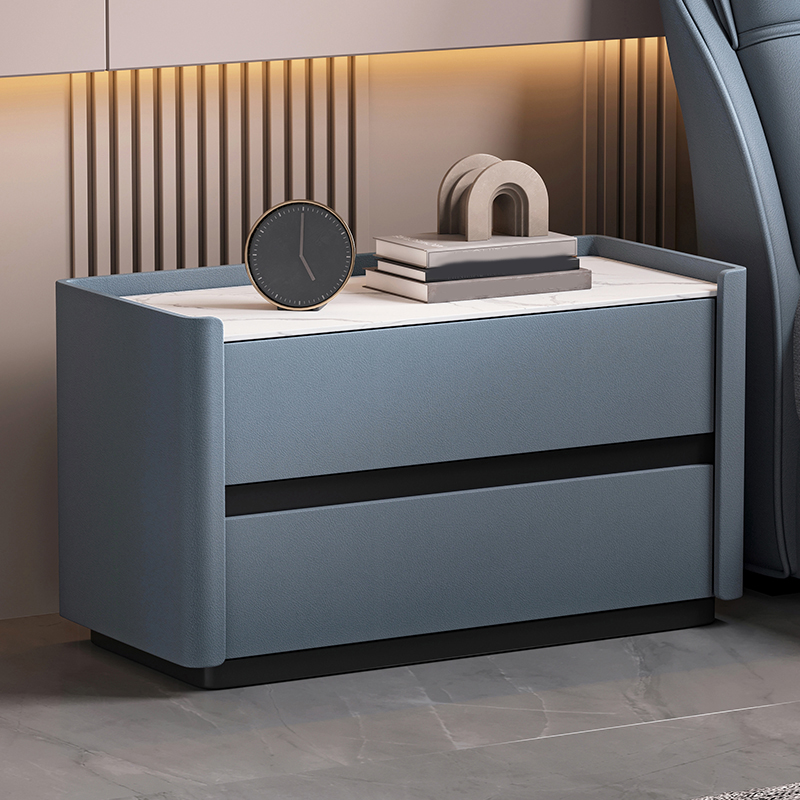 Modern Faux Leather Nightstand with 2 Drawers in Stone Countertop