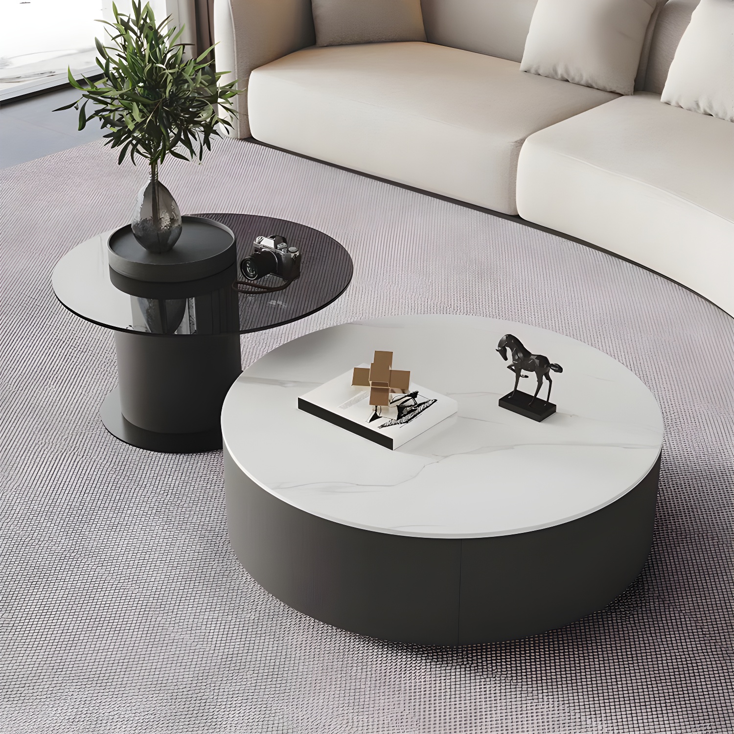 11"H Contemporary Coffee Table Round Coffee Cocktail Table with Drawer