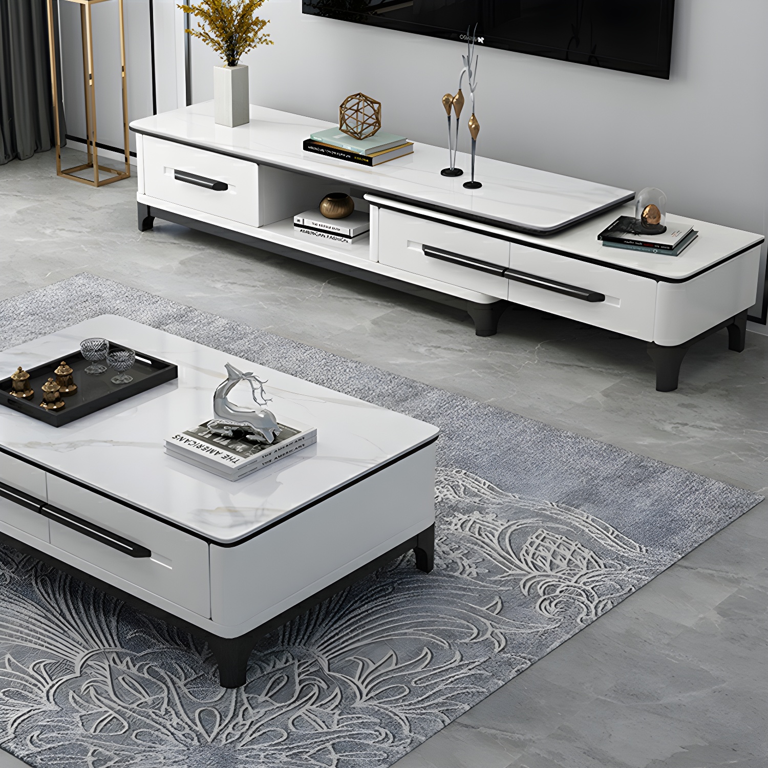 Modern Stone TV Stand with Long Length, Open Storage and Drawers featuring Wood Shelves