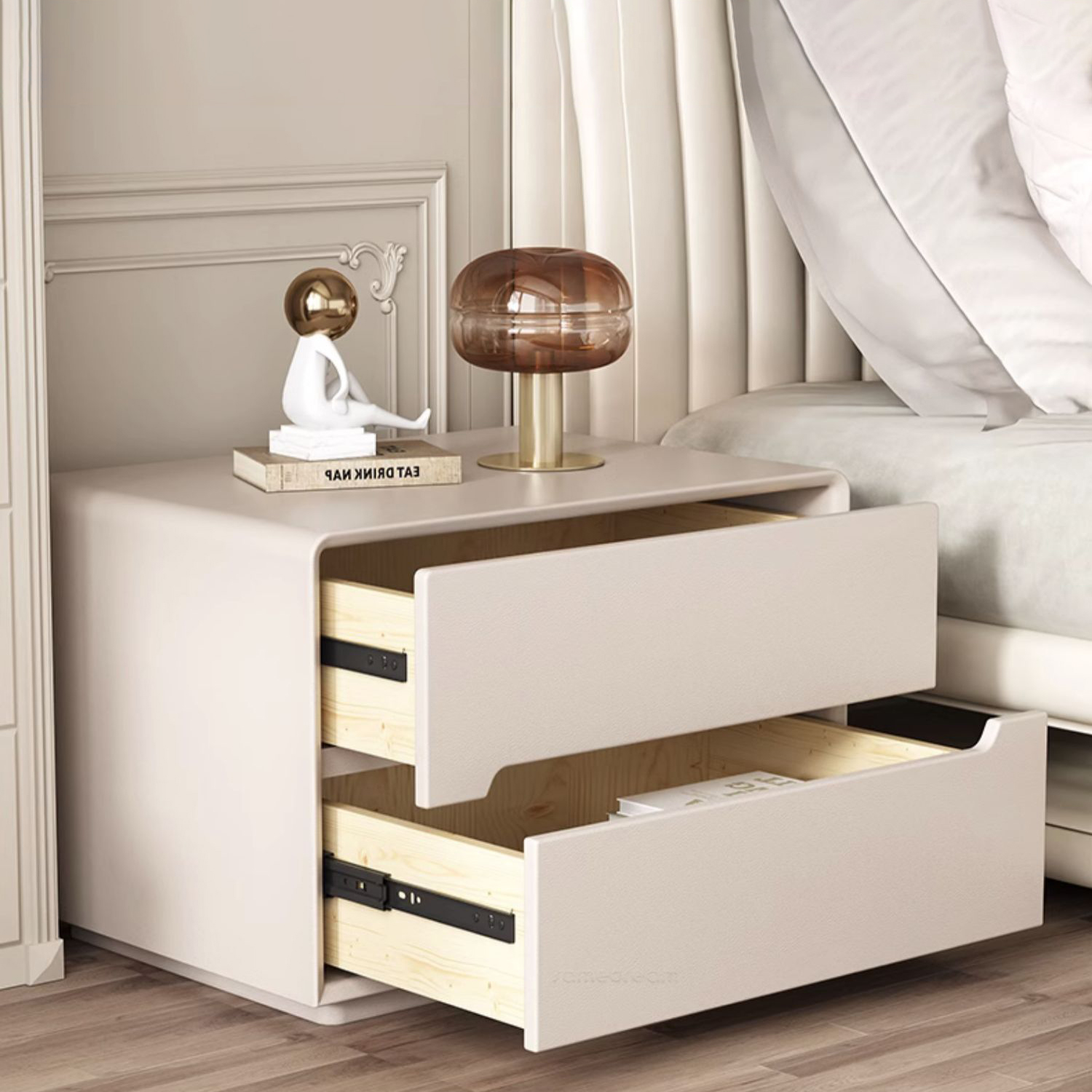Modern Faux Leather Nightstand with 2 Drawers & No Distressing - Light Wood Tone - image 9