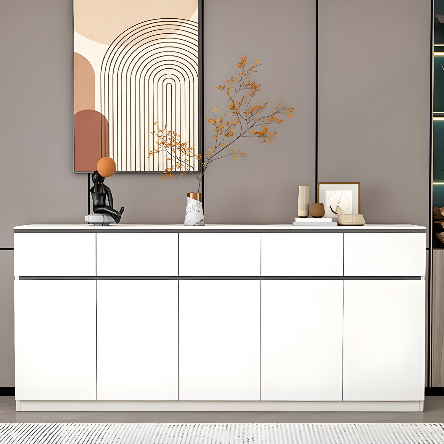 Modern Wood Sideboard Credenza with Drawers and Cabinets - Stone Countertop - image 4