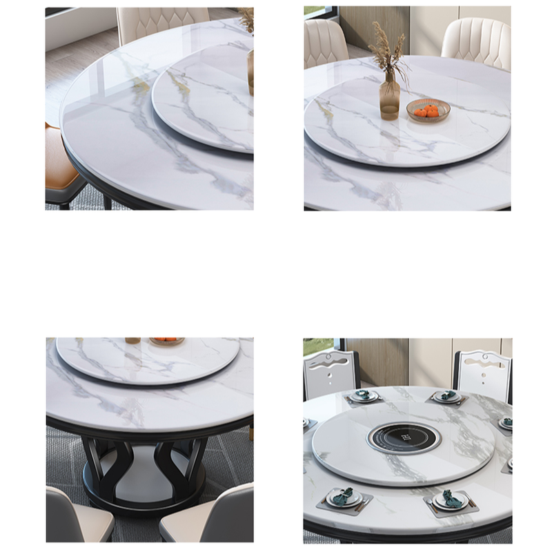 Simplistic Genuine Marble Orbicular Dining Table Set with Stump Base, Back Support, and Chalk Color