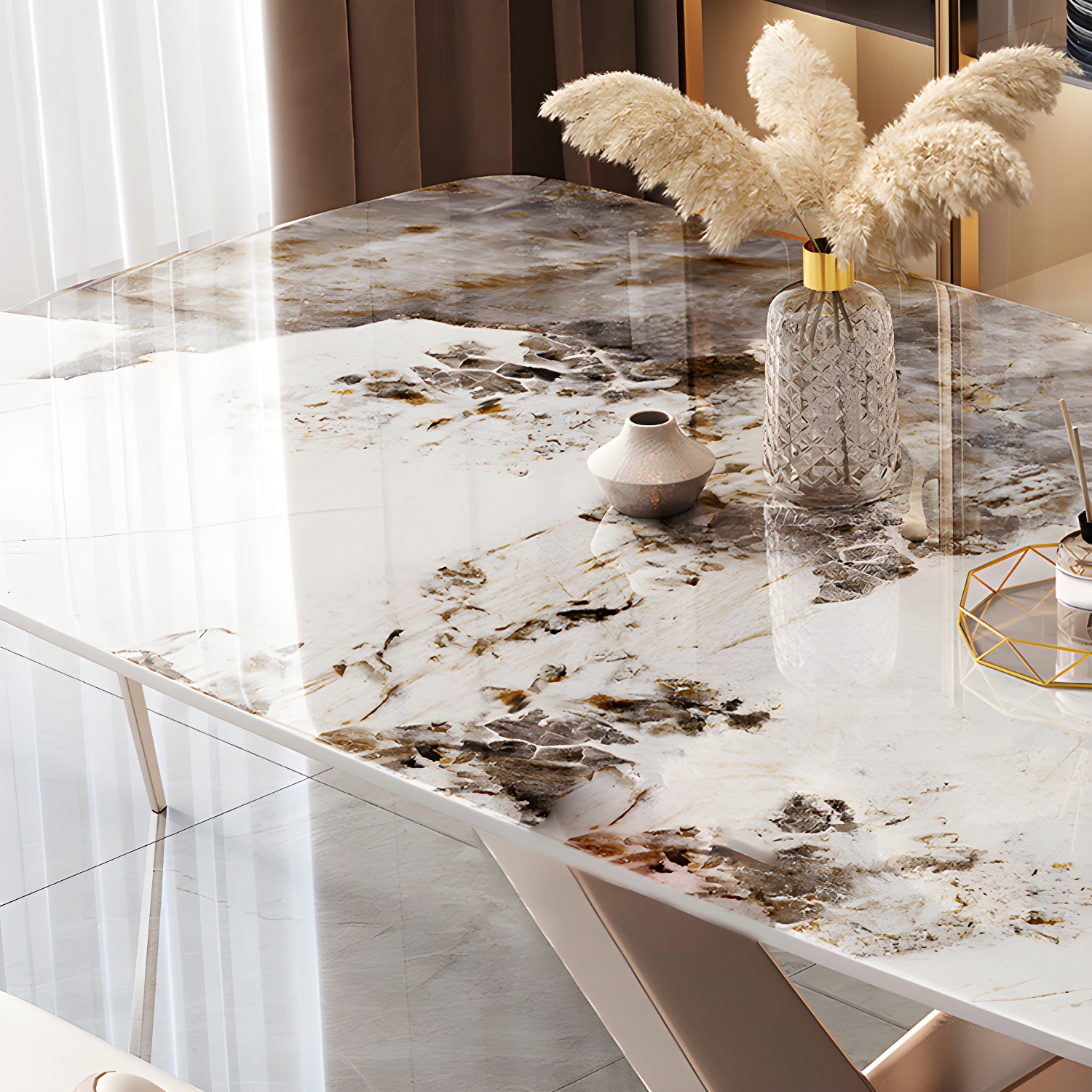 Modern Metal Dining Table in White with Pedestal Base and Violet Accents - image 6