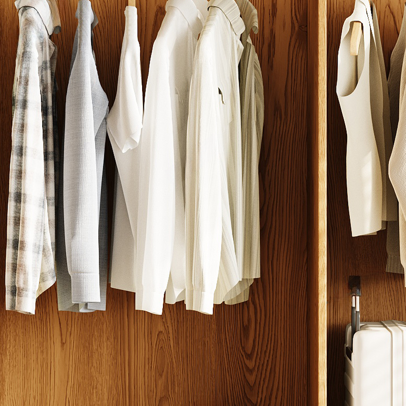 Wood Grain Minimalist Manufactured Wood Wardrobe Closet with 2 Drawers, Soft Close Door, Interior Shelves, and Clothing Rod