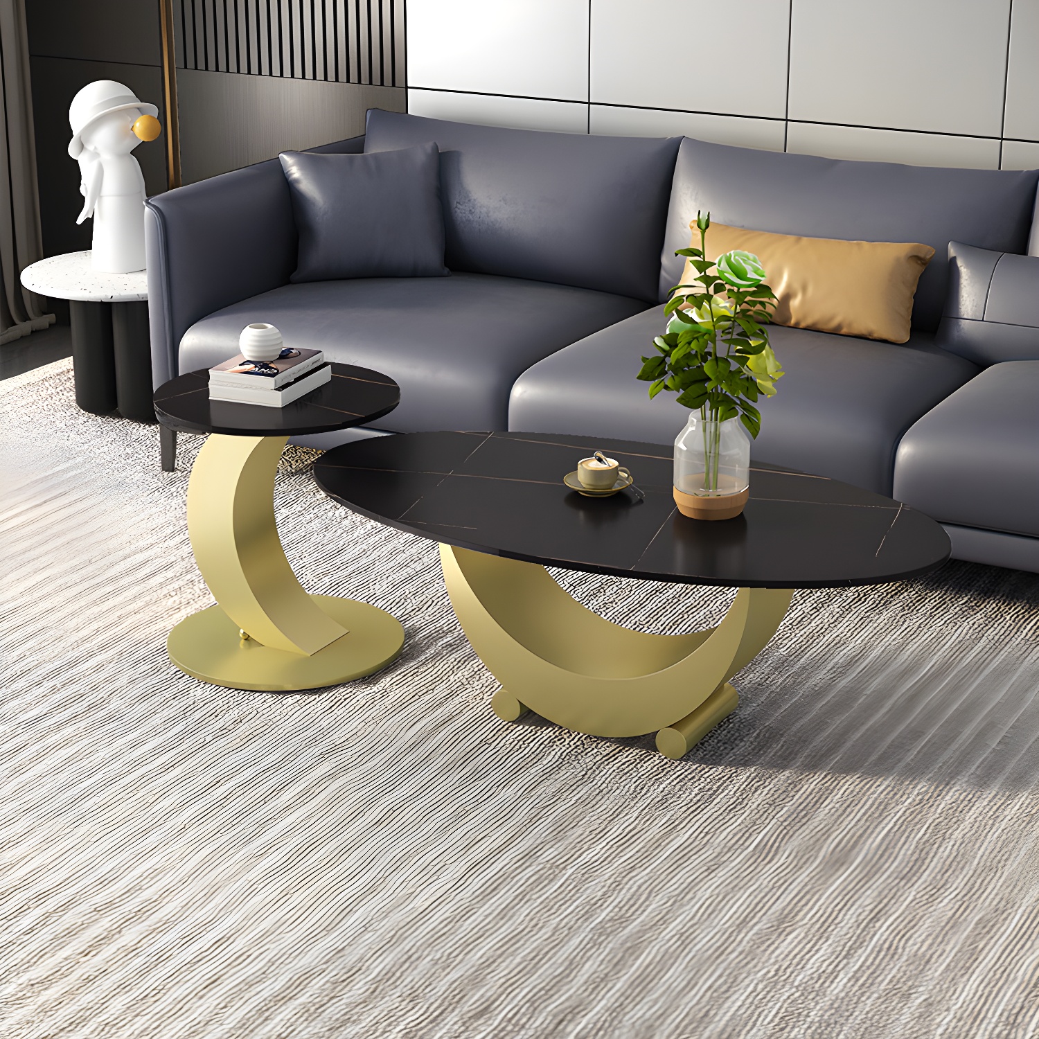 2 Piece Nesting Tables Oval Minimalist Modern Coffee Table Set - image 12