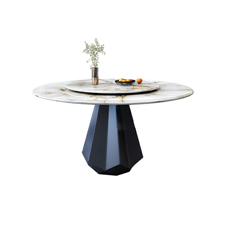 Modern Round Marble Dining Table Set with Black Metal Base in Beige - image 3