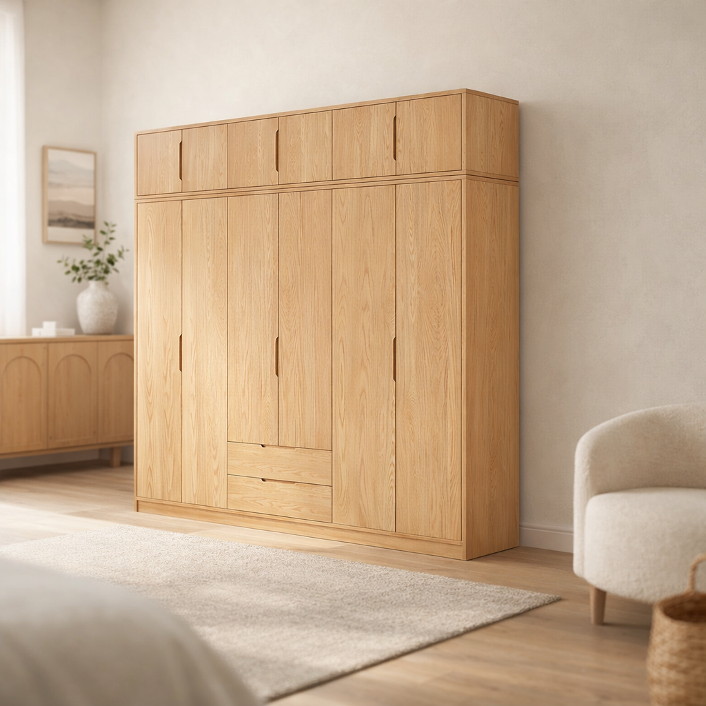 Modern Natural Wood Wardrobe Armoire with Sliding Doors, Drawers, and Shelves - image 23
