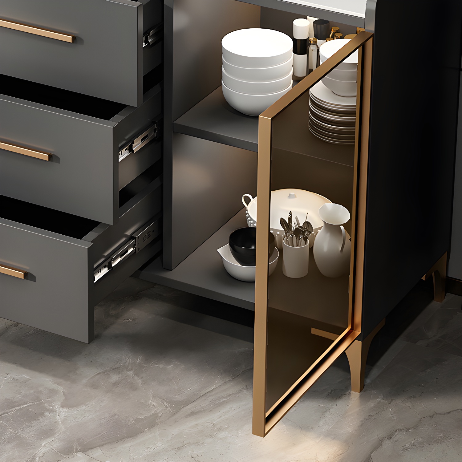 Glam Style Sideboard Wood Glass Doors Side Board with Cabinets and Drawers without Light - image 9