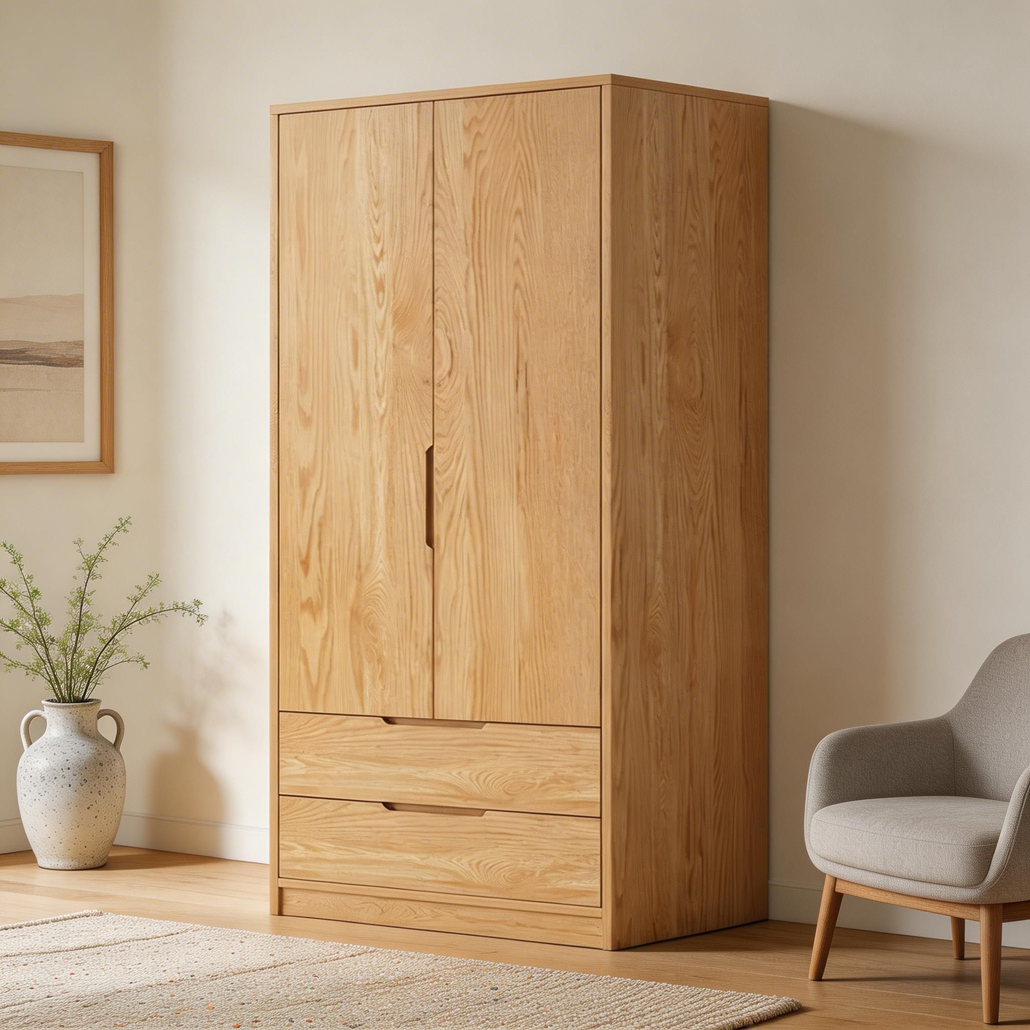 Modern Natural Wood Wardrobe Armoire with Sliding Doors, Drawers, and Shelves - image 46