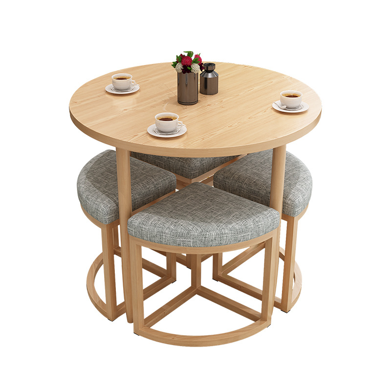 Reclaimed Wood Round Dining Table Set with Metal Toboggan Base and Upholstered Backless Chairs for 4 People - image 8