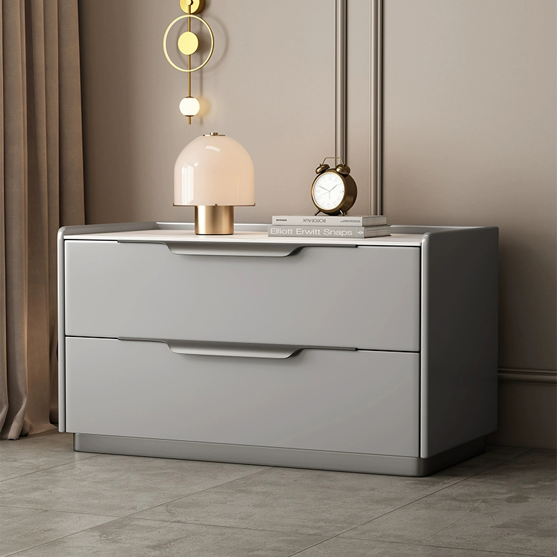 Modern Wooden Nightstand with 2 Drawers in Low Height - Stone Countertop Included