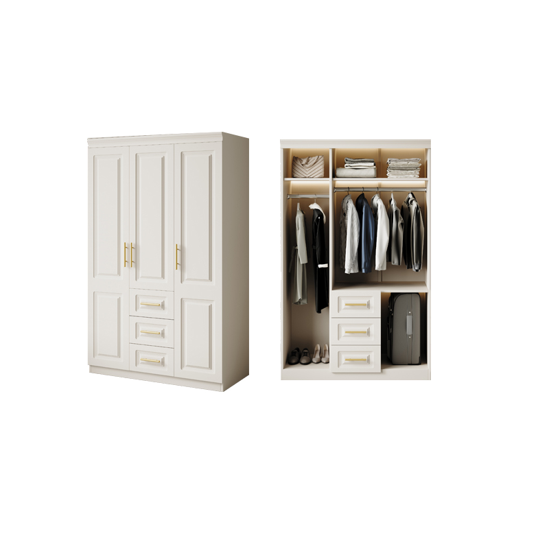White Minimalist Laminate Wardrobe Closet with Soft Close Drawer, Soft Close Door, Interior Shelves, and Clothing Rod