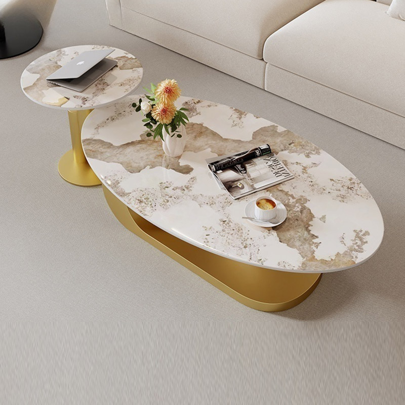 Elegant Stone Oval Coffee Table with Iron Block Base for Living Room - image 6