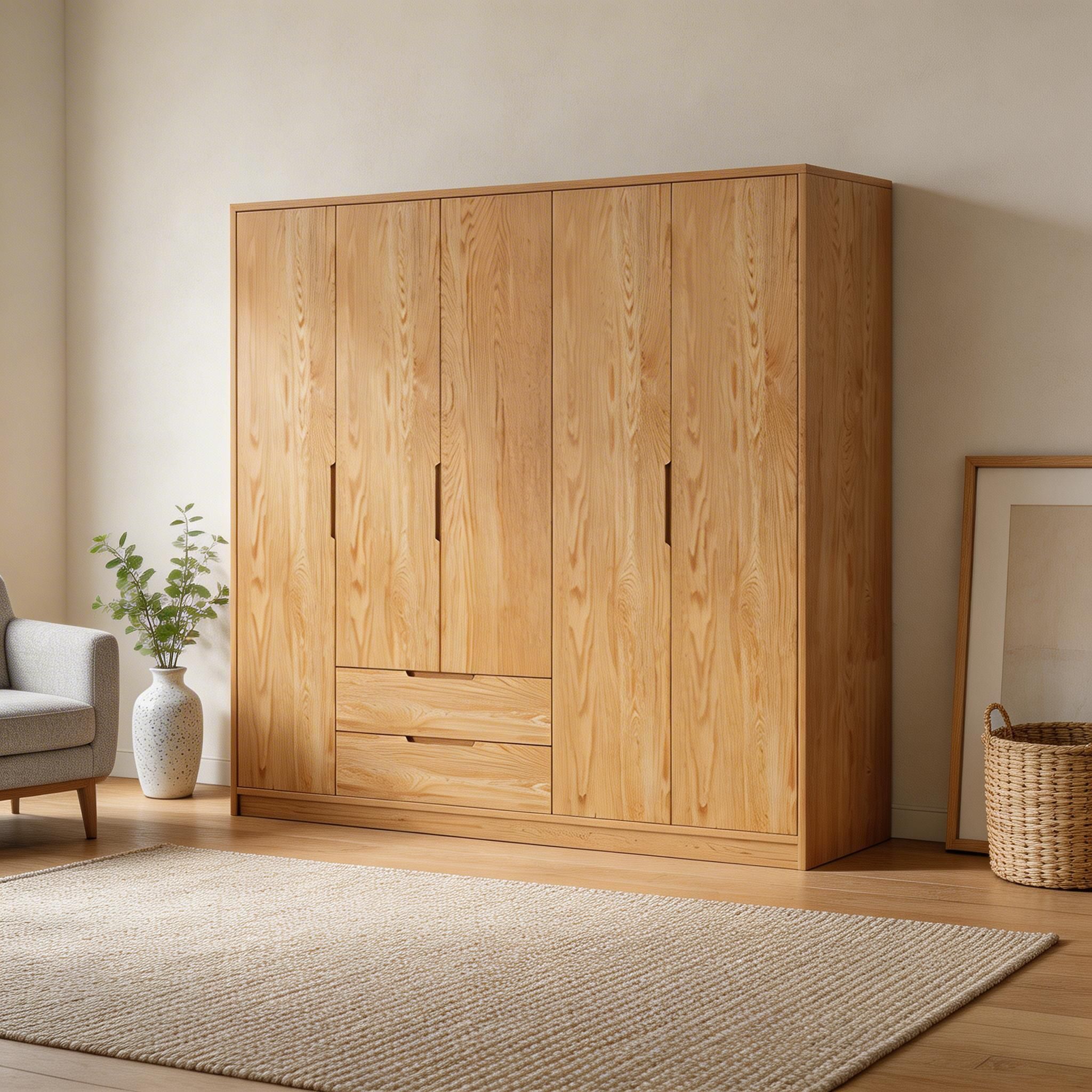 Modern Natural Wood Wardrobe Armoire with Sliding Doors, Drawers, and Shelves - image 13