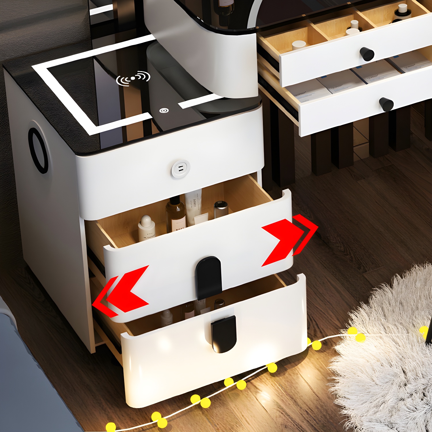 Lighted Mirror Wood Makeup Dressing Table Stool Set in Black/ White - image 8