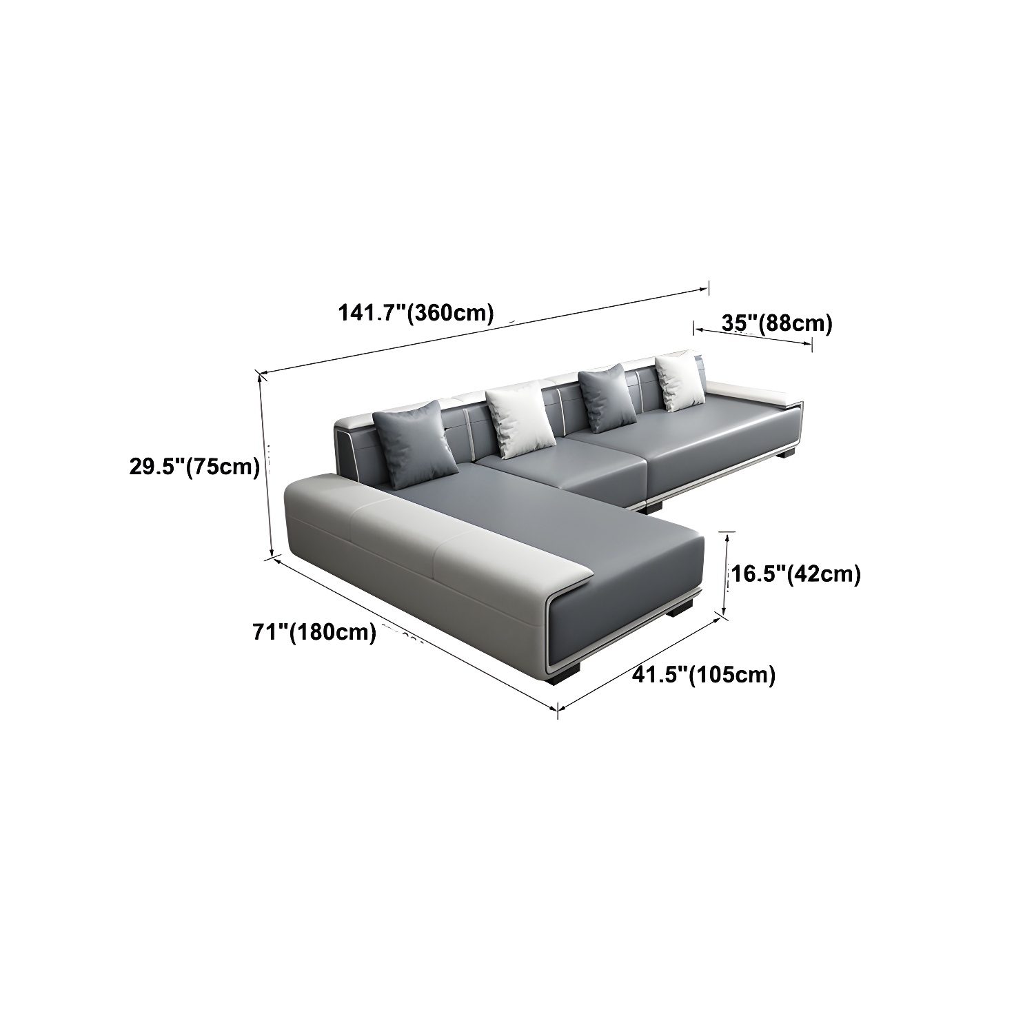 Faux Leather Sofa & Chaise with Pillows Modern U Sofa in Gray - 29.53" H - image 27