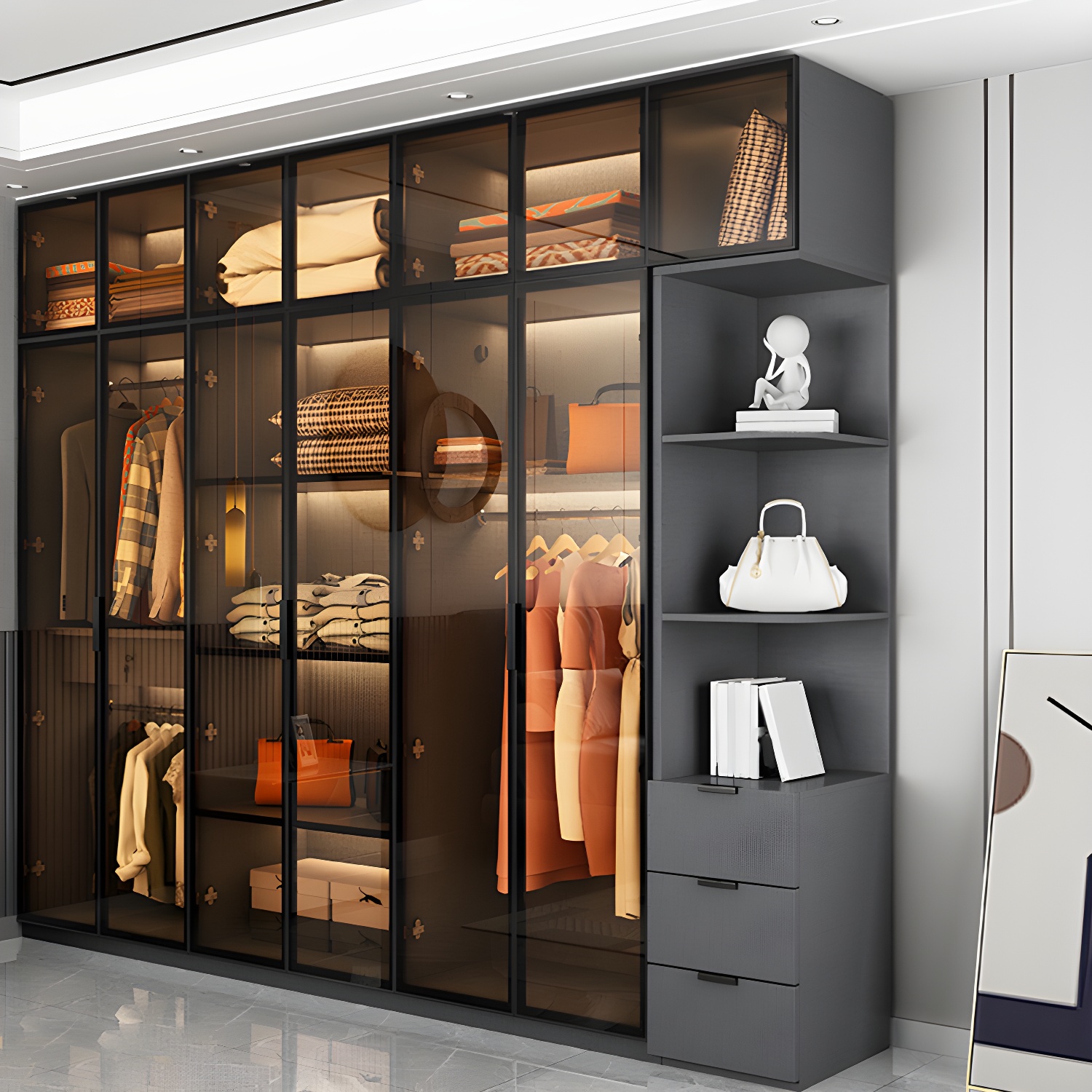 Bedroom Hinged Doors Storage Cabinet Glass Door Wardrobe with Garment Rod - image 9