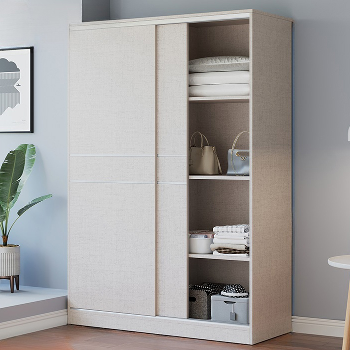 Fashionable Sliding Door Storage Wood Wardrobe with Metal Clothing Rod and Shelves in White Color