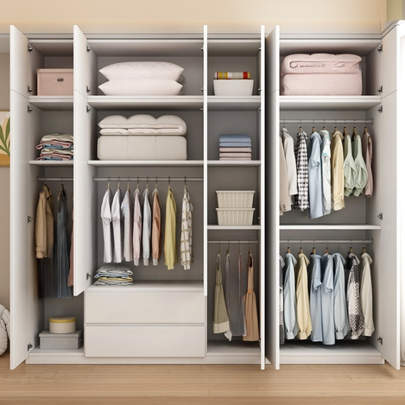 Chalk Modern Simple Style Composite Wood Wardrobe Closet with Soft Close Drawer, Soft Close Door, Interior Shelves, and Clothing Rod