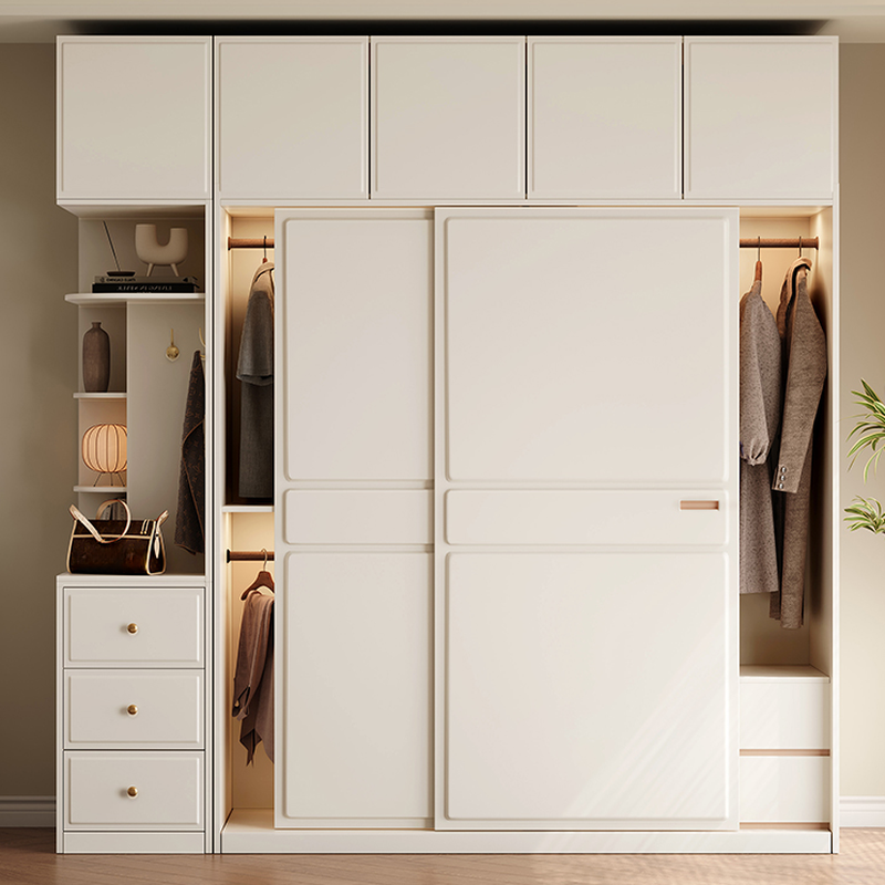 White Minimalist Laminate Wardrobe Closet with 5 Drawers/2 Drawers, Interior Shelves, and Clothing Rod