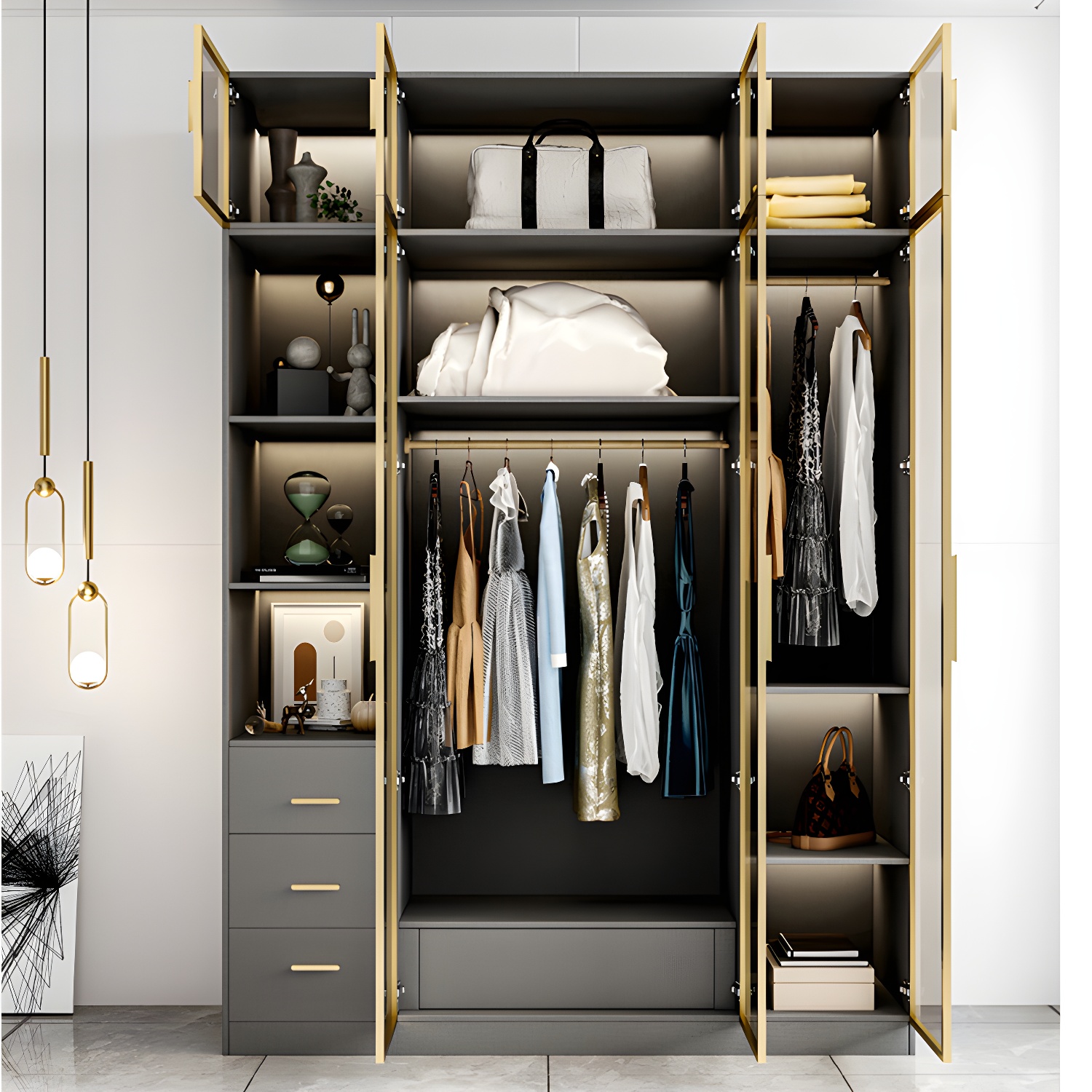 Glass and Wood Wardrobe Armoire Contemporary Wardrobe Closet