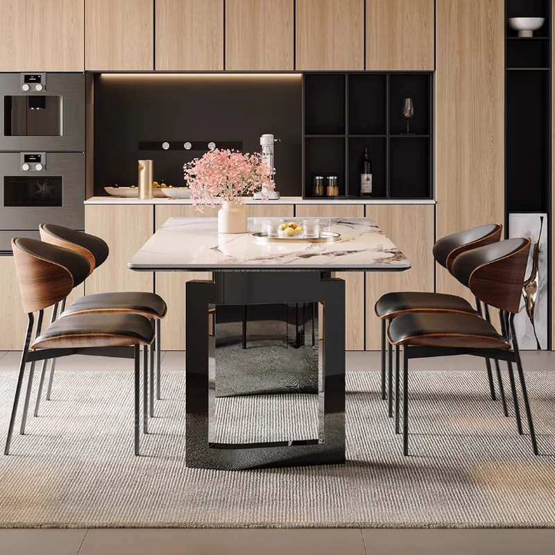 Dining Table Set with Slate Stone Top, Two-sided Pedestal, Padded Chair, Back, for 6 People/4 People in White