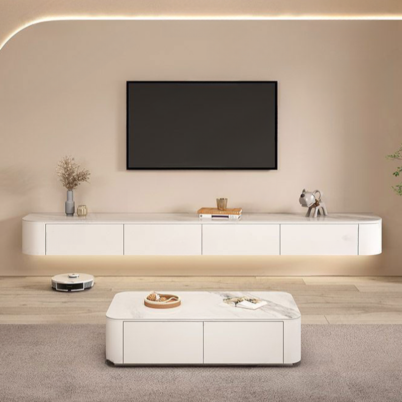 White Wall Hung Art Deco TV Stand with 2 Drawers, 2 Cabinets, and Cable Management