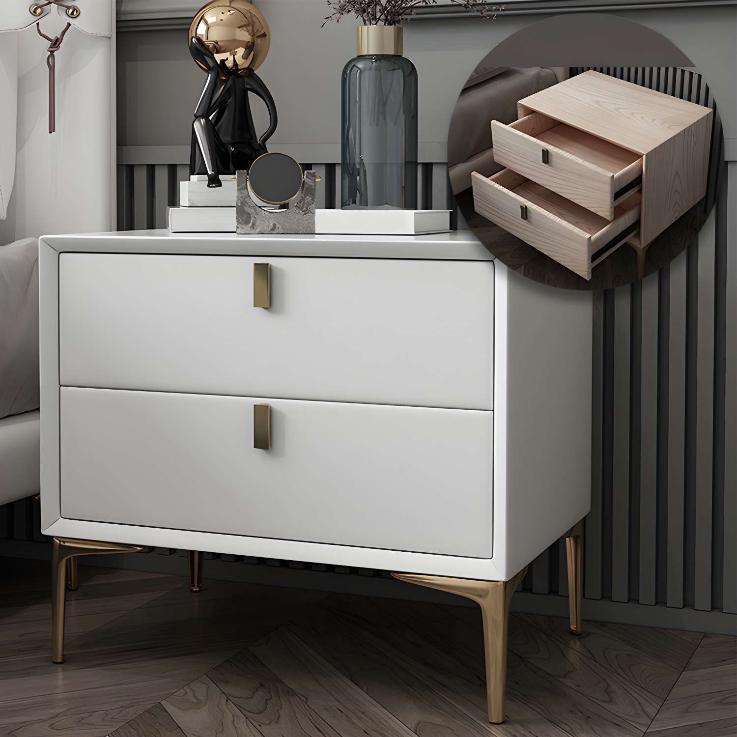 2 Drawer Solid Wood Modern Night Table Drawer Storage Bed Nightstand - image 13