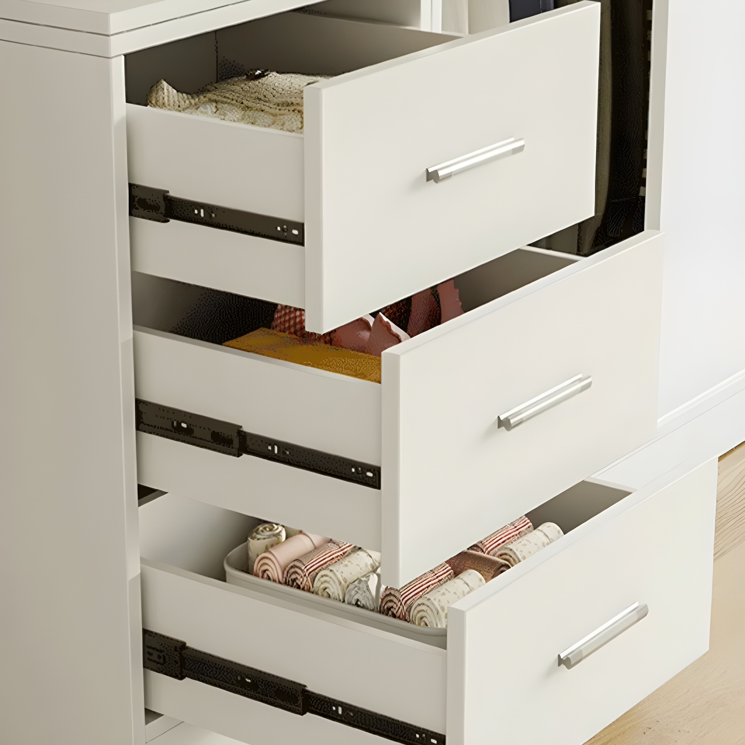 Modern White Wood Wardrobe Armoire with Sliding Doors, Shelves, and Soft Close Drawers - image 8